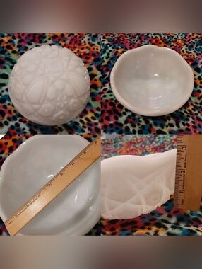 🛍White Milk Glass Embossed Cut Round Serving Bowl Vintage Showing All Sides